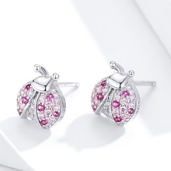 New in box 925 Sterling and Pink Seven Star Ladybug Shaped Stud Earrings Zircon - Picture 8 of 10
